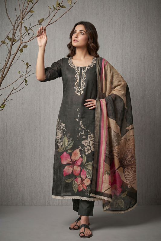 Stylish Black Cotton Linen Simmer Hand Work for Women