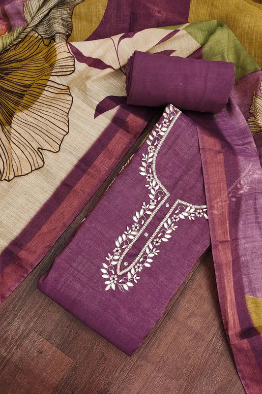 Graceful Purple Cotton Linen Simmer Hand Work for Women