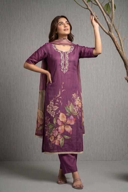 Graceful Purple Cotton Linen Simmer Hand Work for Women