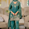 Elegant Teal Green Roman Silk Heavy Embroidery Work Kurta Pant Set