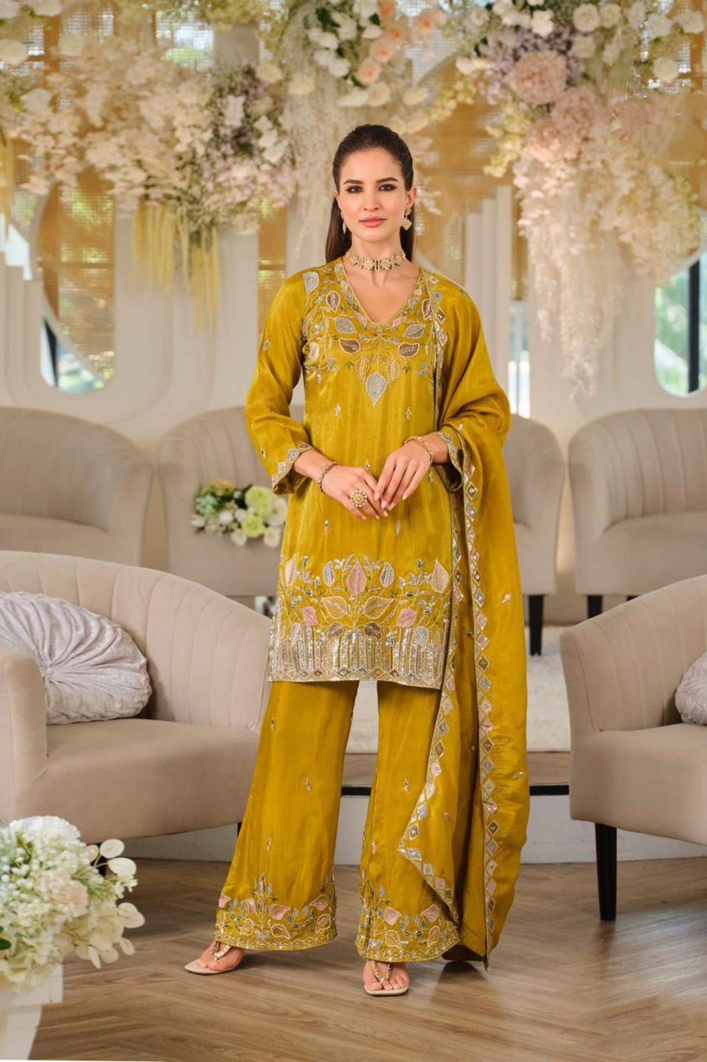 Gorgeous Mustard Yellow Designer Embroidered Kurta Pant Set Dupatta
