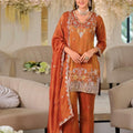 Premium Rust Orange Embroidered Kurta Pant Set Dupatta