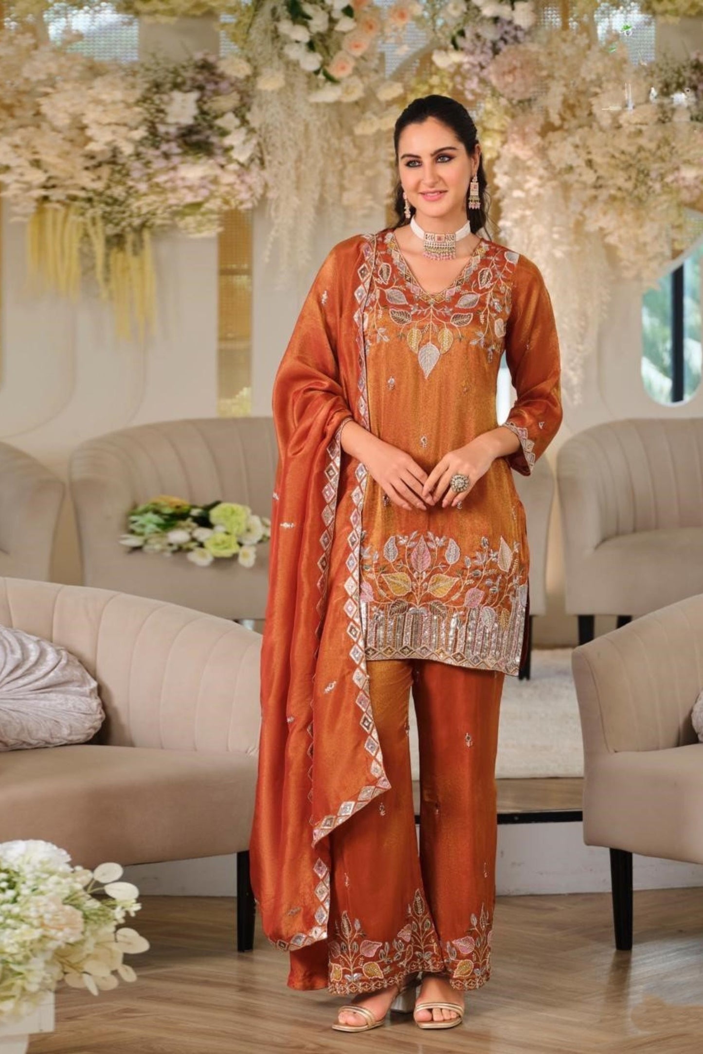 Premium Rust Orange Embroidered Kurta Pant Set Dupatta