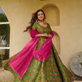 Stunning Green Digital Printed Silk Gown with Pink Dupatta for Women