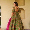 Stunning Green Digital Printed Silk Gown with Pink Dupatta for Women