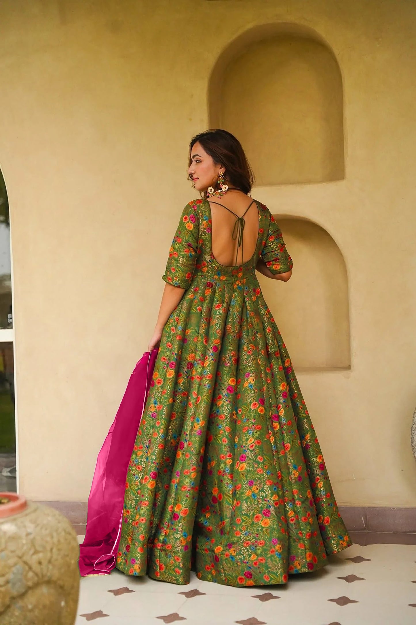 Stunning Green Digital Printed Silk Gown with Pink Dupatta for Women