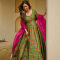 Stunning Green Digital Printed Silk Gown with Pink Dupatta for Women