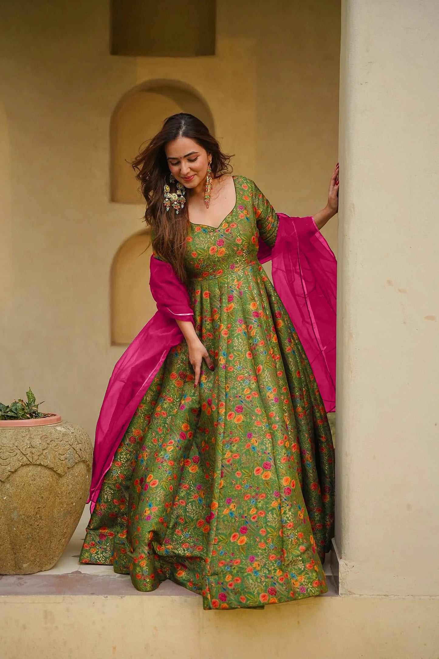 Stunning Green Digital Printed Silk Gown with Pink Dupatta for Women