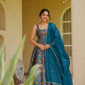 Admirable Teal Blue Digital Printed Silk Gown with Matching Dupatta for Women