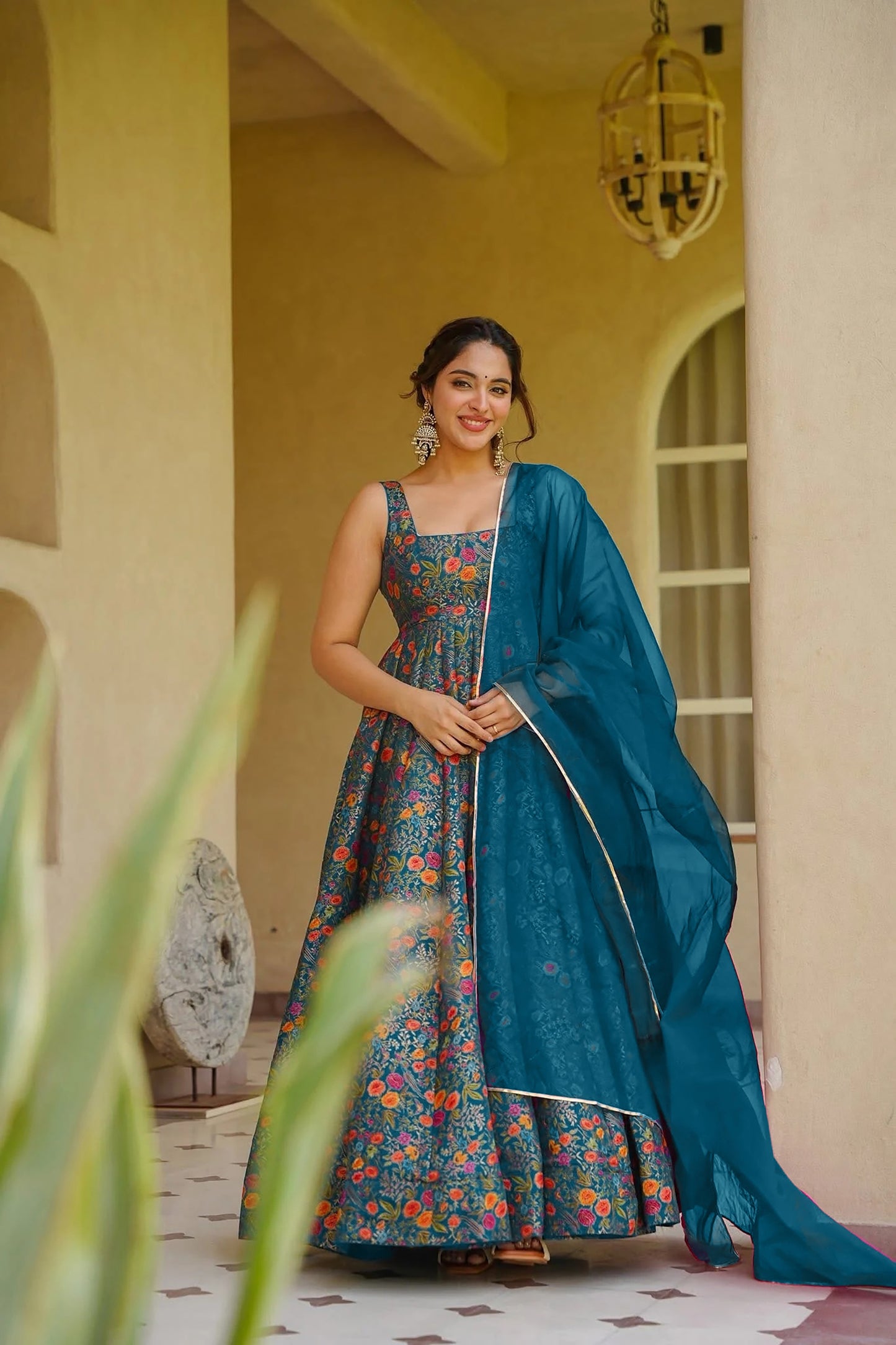 Admirable Teal Blue Digital Printed Silk Gown with Matching Dupatta for Women