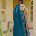 Admirable Teal Blue Digital Printed Silk Gown with Matching Dupatta for Women