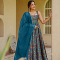 Admirable Teal Blue Digital Printed Silk Gown with Matching Dupatta for Women