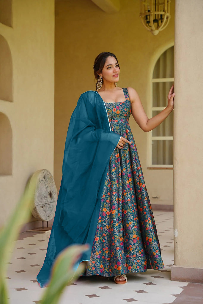 Admirable Teal Blue Digital Printed Silk Gown with Matching Dupatta for Women