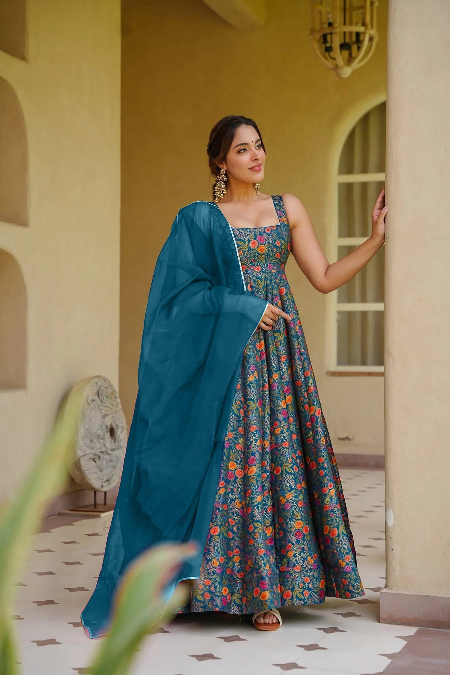 Admirable Teal Blue Digital Printed Silk Gown with Matching Dupatta for Women