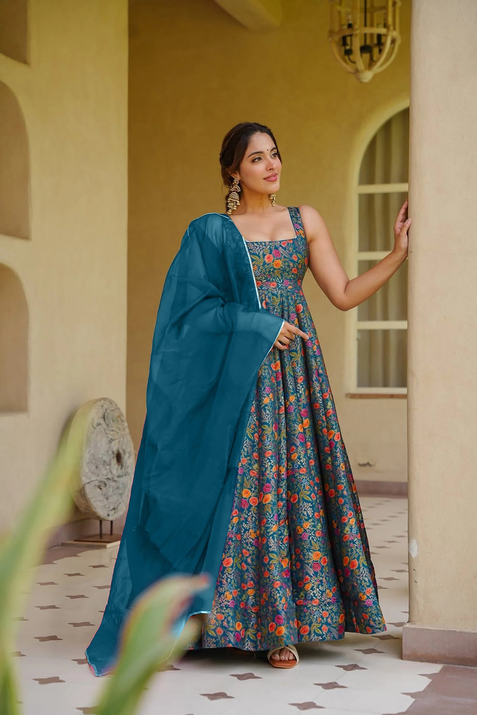 Admirable Teal Blue Digital Printed Silk Gown with Matching Dupatta for Women