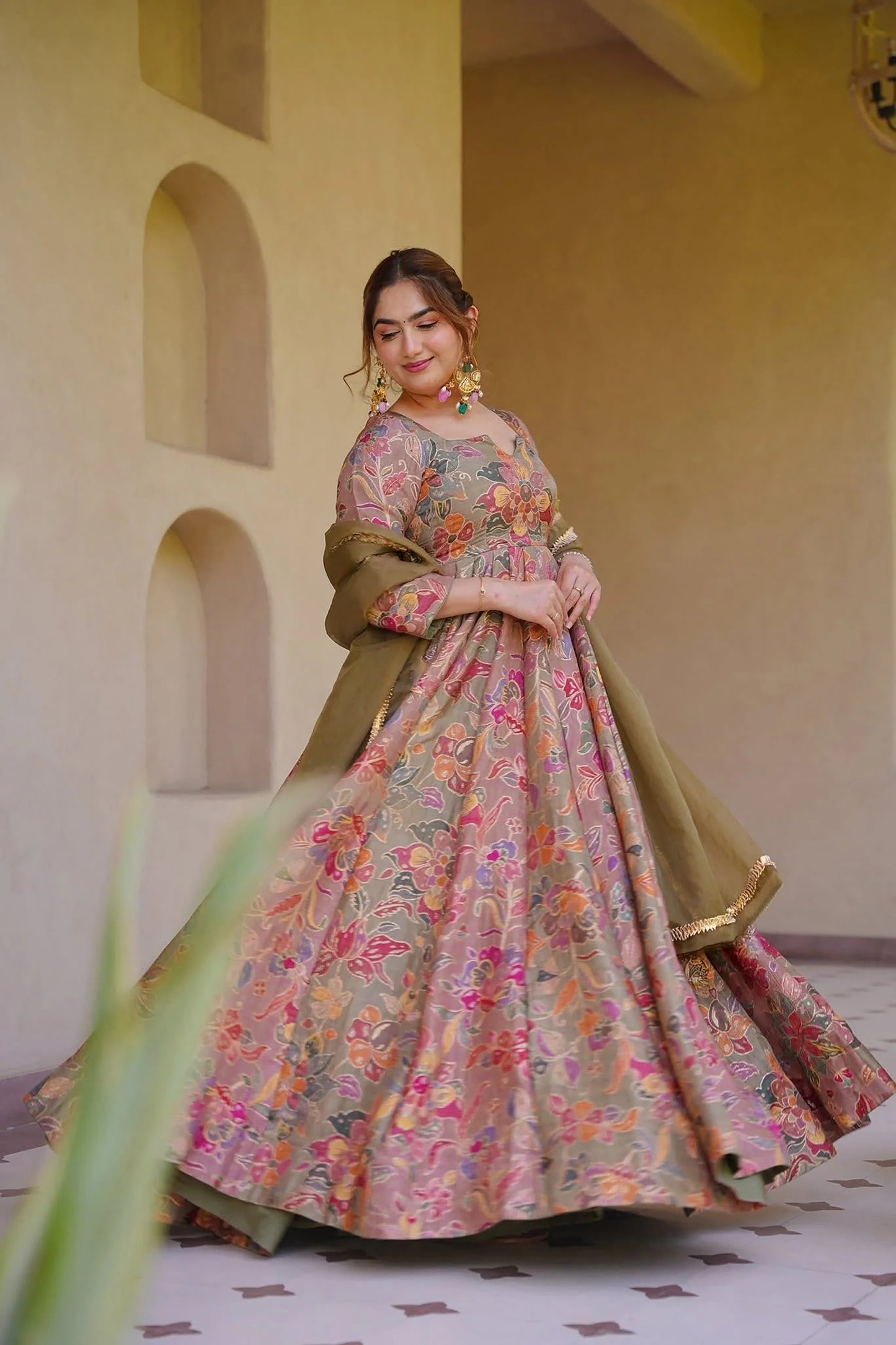 Elegant Peach Digital Printed Silk Gown with Matching Dupatta for Women