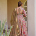 Elegant Peach Digital Printed Silk Gown with Matching Dupatta for Women