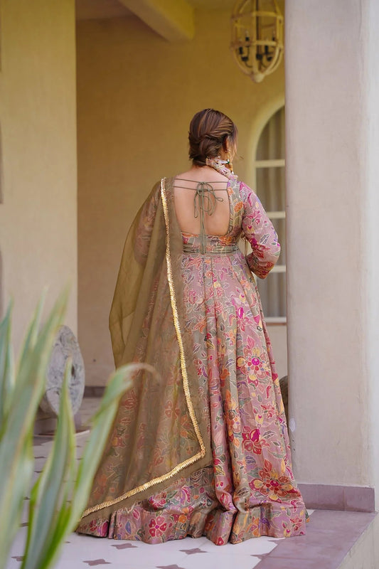 Elegant Peach Digital Printed Silk Gown with Matching Dupatta for Women