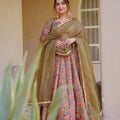 Elegant Peach Digital Printed Silk Gown with Matching Dupatta for Women
