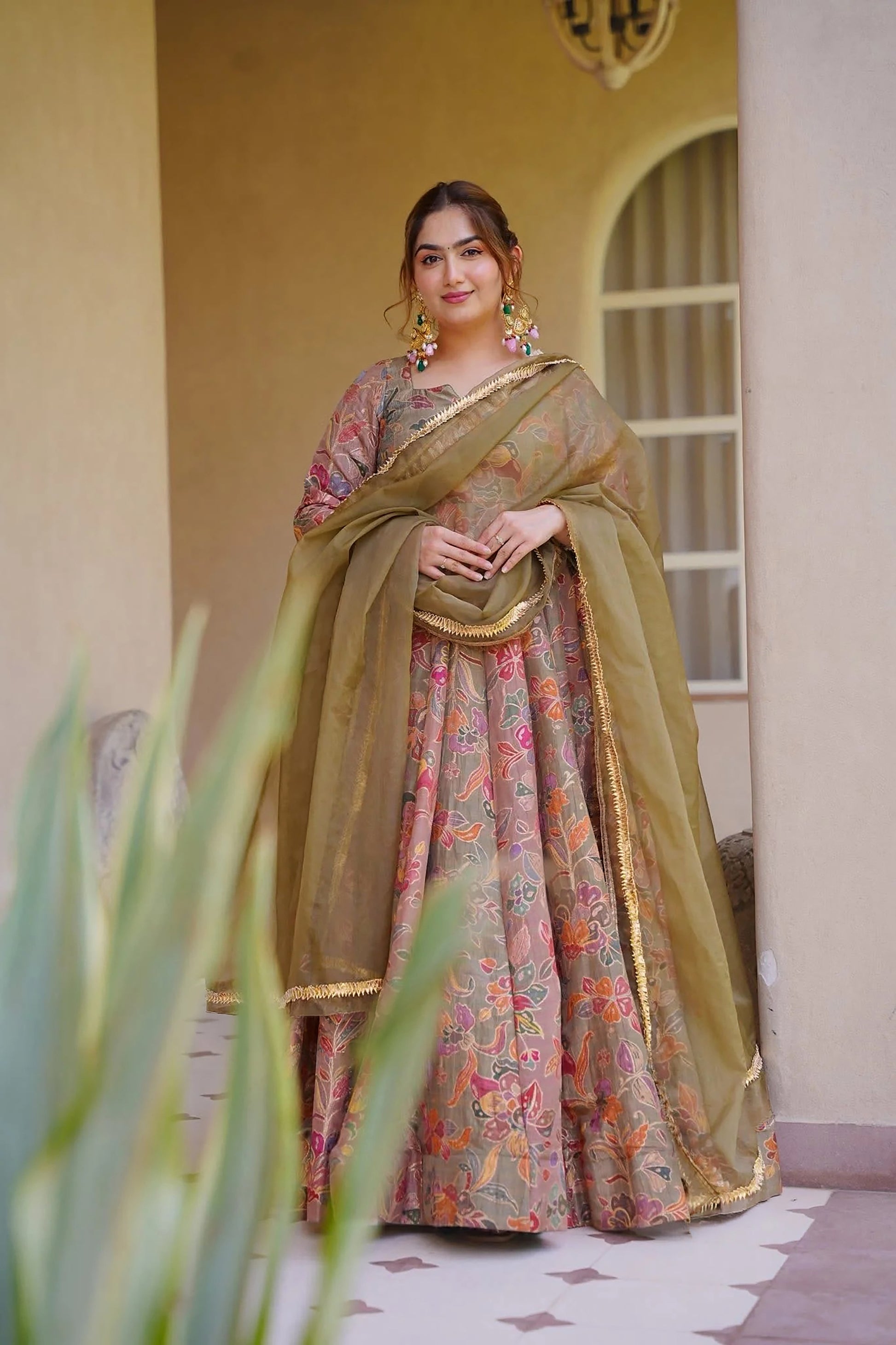 Elegant Peach Digital Printed Silk Gown with Matching Dupatta for Women