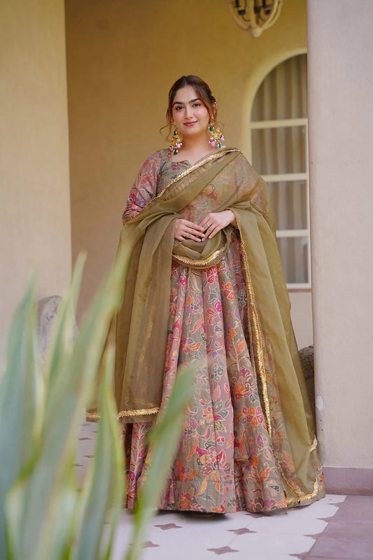 Elegant Peach Digital Printed Silk Gown with Matching Dupatta for Women