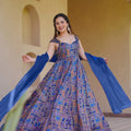 Gorgeous Royal Blue Digital Printed Silk Gown with Matching Dupatta for Women
