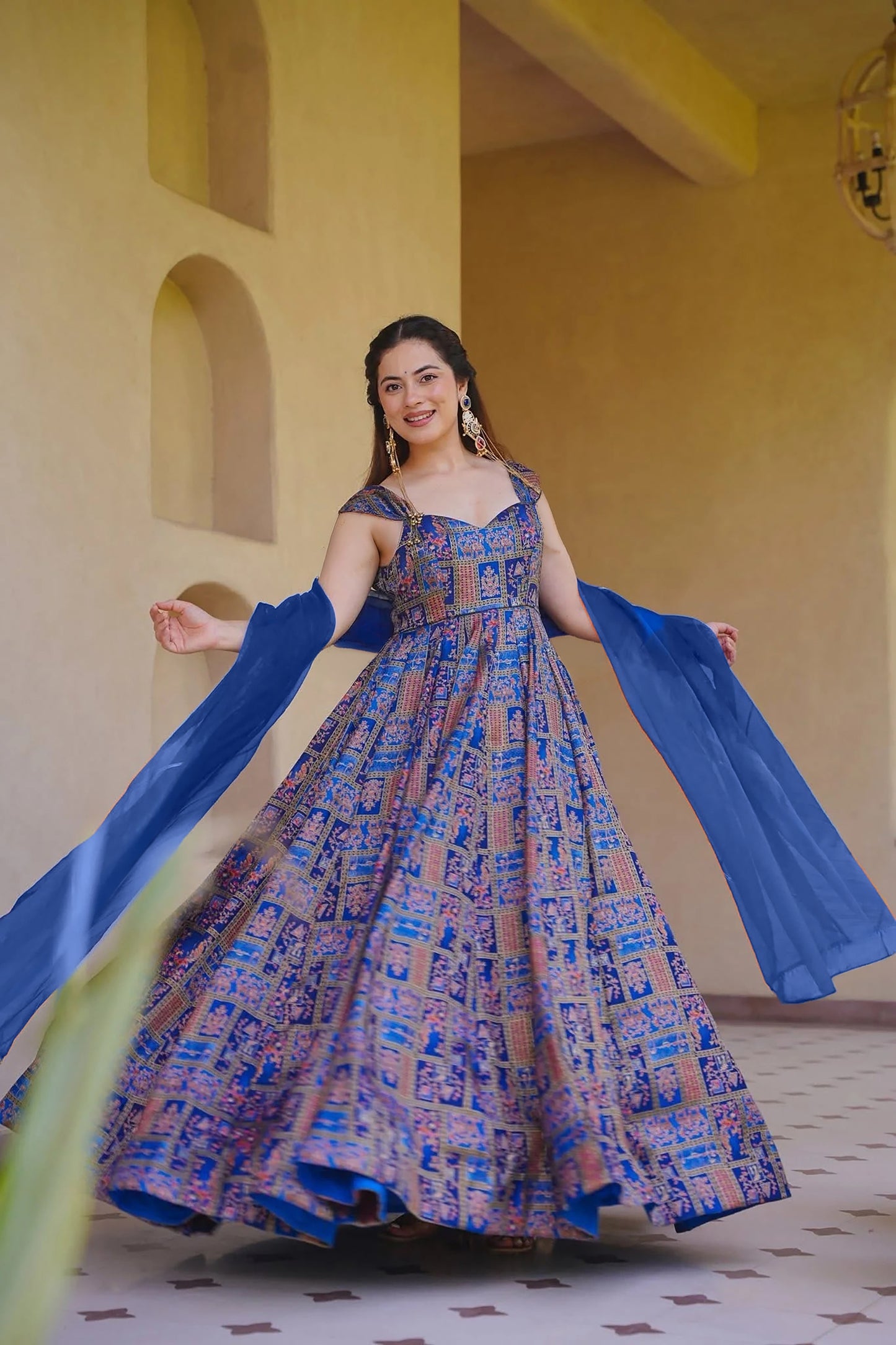 Gorgeous Royal Blue Digital Printed Silk Gown with Matching Dupatta for Women
