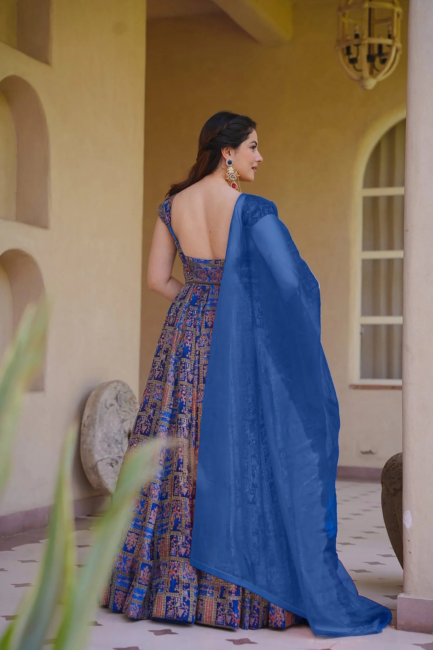 Gorgeous Royal Blue Digital Printed Silk Gown with Matching Dupatta for Women