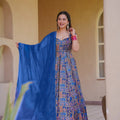 Gorgeous Royal Blue Digital Printed Silk Gown with Matching Dupatta for Women