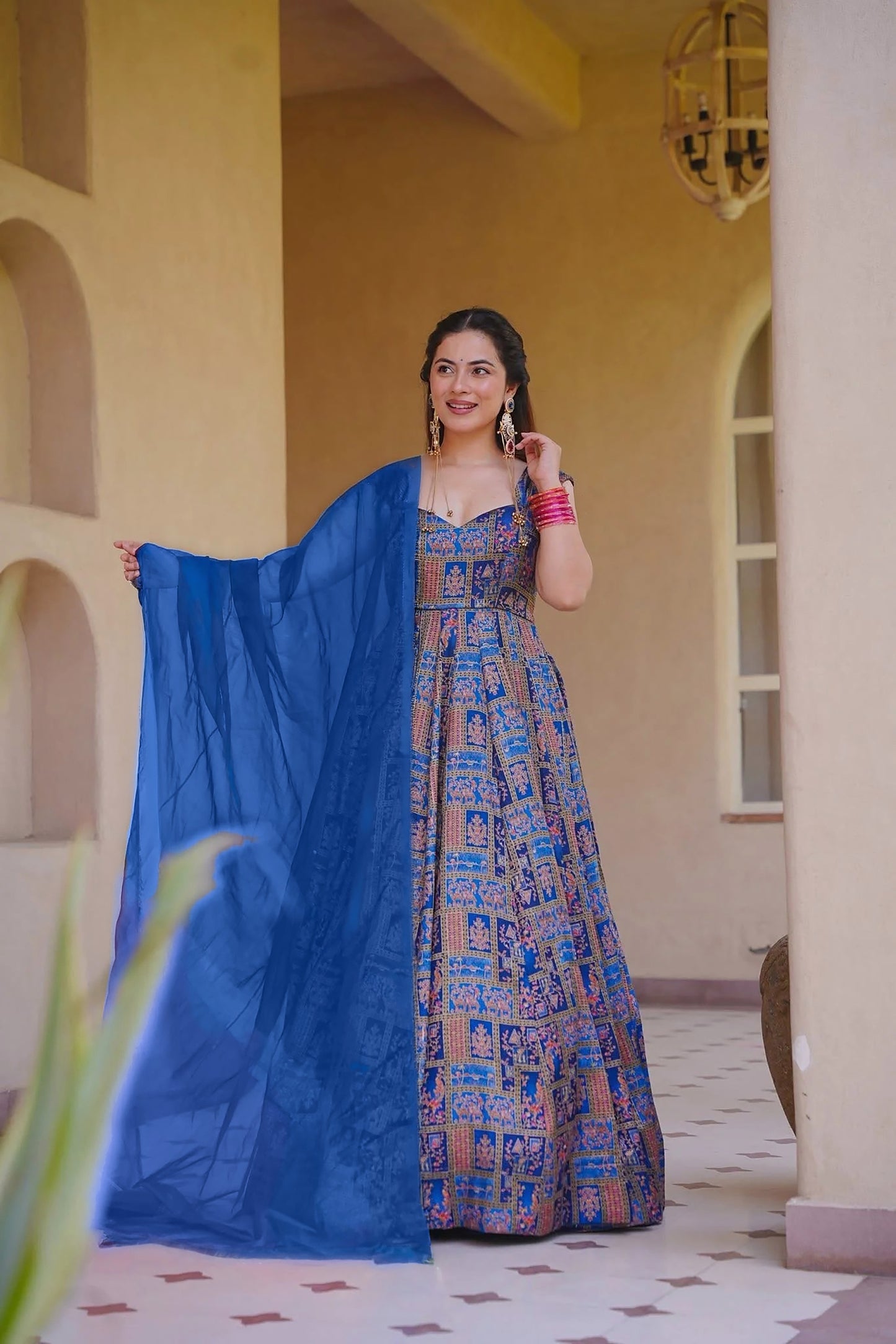 Gorgeous Royal Blue Digital Printed Silk Gown with Matching Dupatta for Women