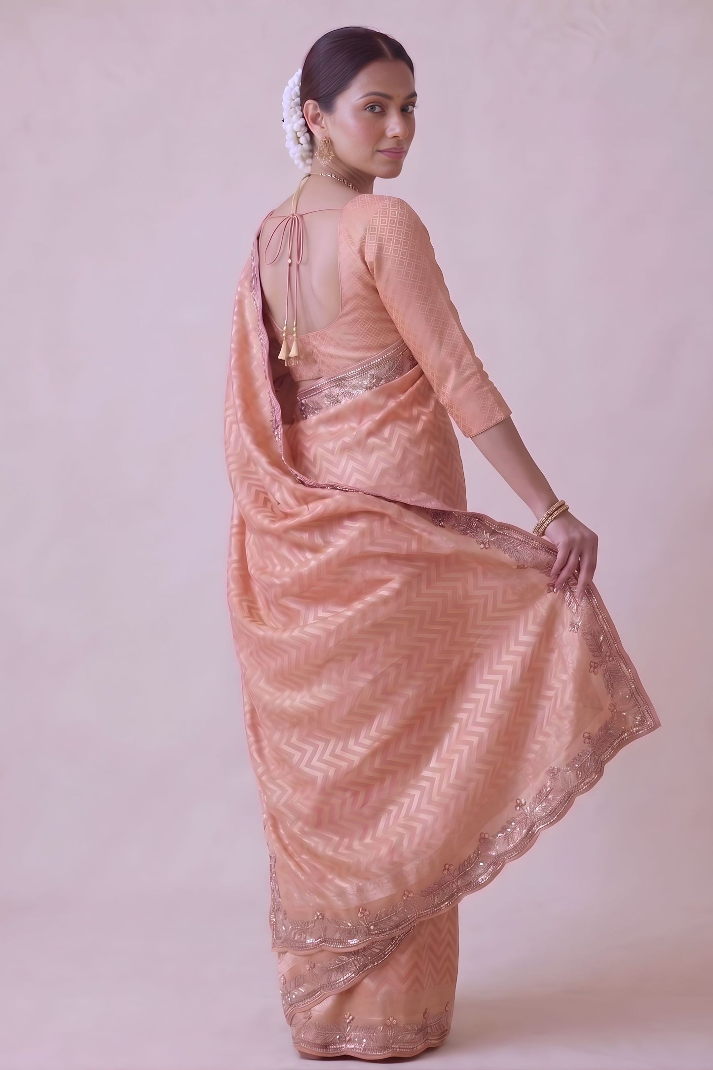 Elegant Peach Banarasi Silk Woven Designer Hand Work Saree for Women
