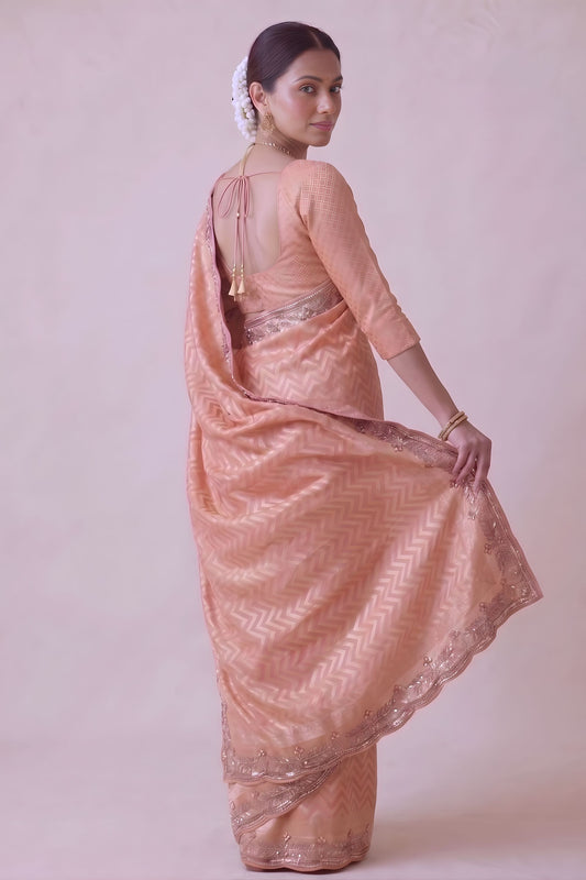 Elegant Peach Banarasi Silk Woven Designer Hand Work Saree for Women