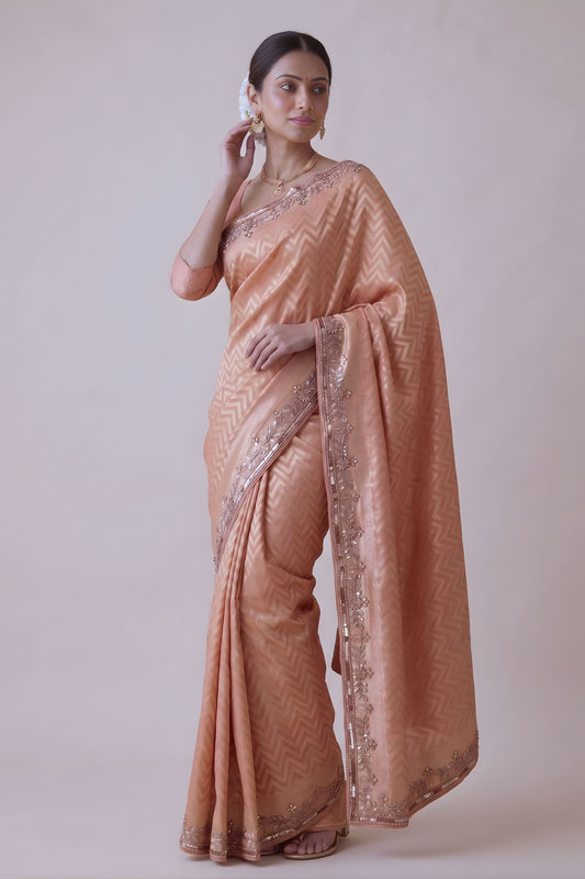 Elegant Peach Banarasi Silk Woven Designer Hand Work Saree for Women
