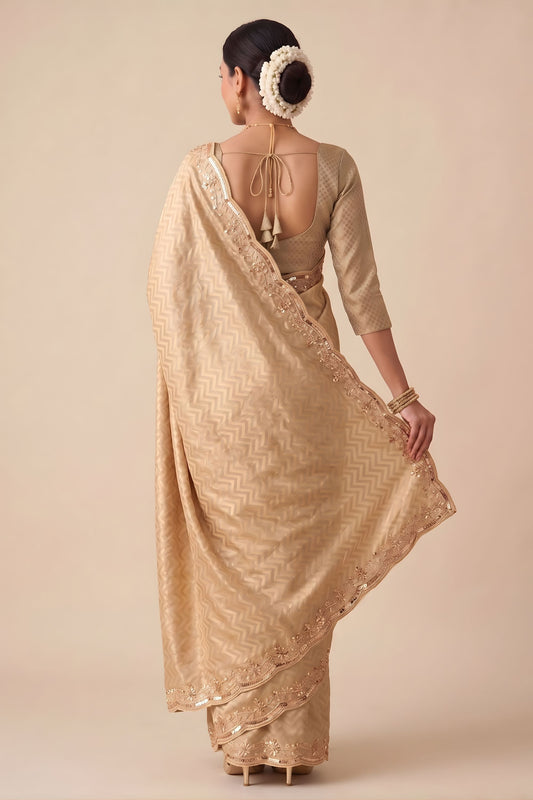 Premium Beige Banarasi Silk Woven Designer Hand Work Saree for Women