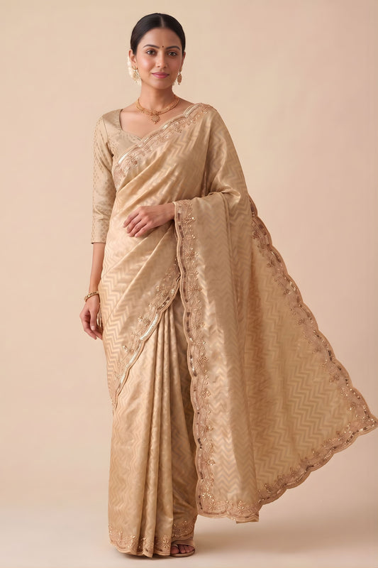 Premium Beige Banarasi Silk Woven Designer Hand Work Saree for Women