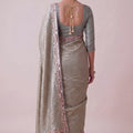 Premium Silver Banarasi Silk Woven Designer Hand Work Saree for Women
