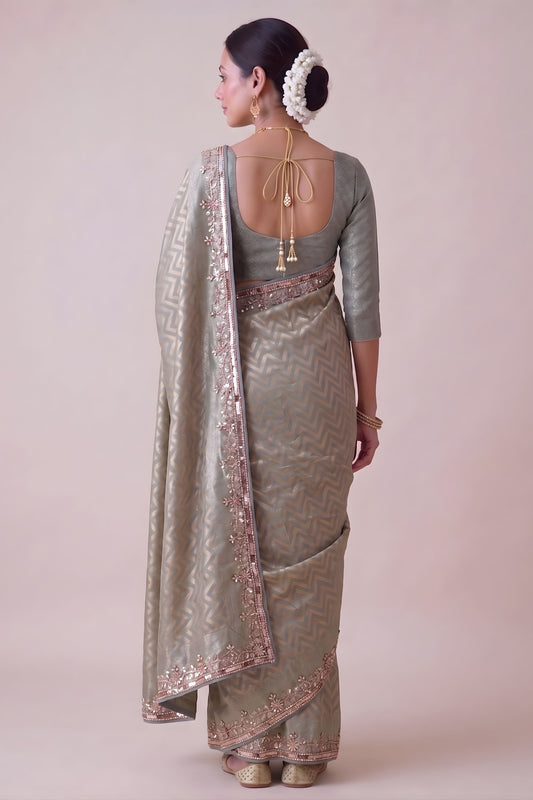 Premium Silver Banarasi Silk Woven Designer Hand Work Saree for Women