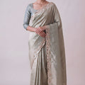 Premium Silver Banarasi Silk Woven Designer Hand Work Saree for Women