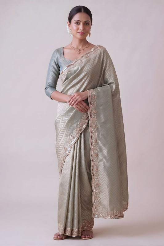 Premium Silver Banarasi Silk Woven Designer Hand Work Saree for Women