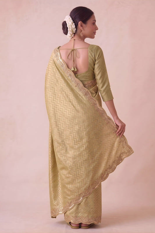 Stylish Mustard Yellow Banarasi Silk Woven Designer Hand Work Saree for Women