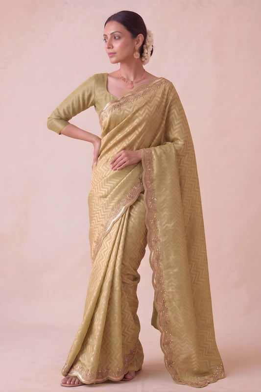 Stylish Mustard Yellow Banarasi Silk Woven Designer Hand Work Saree for Women