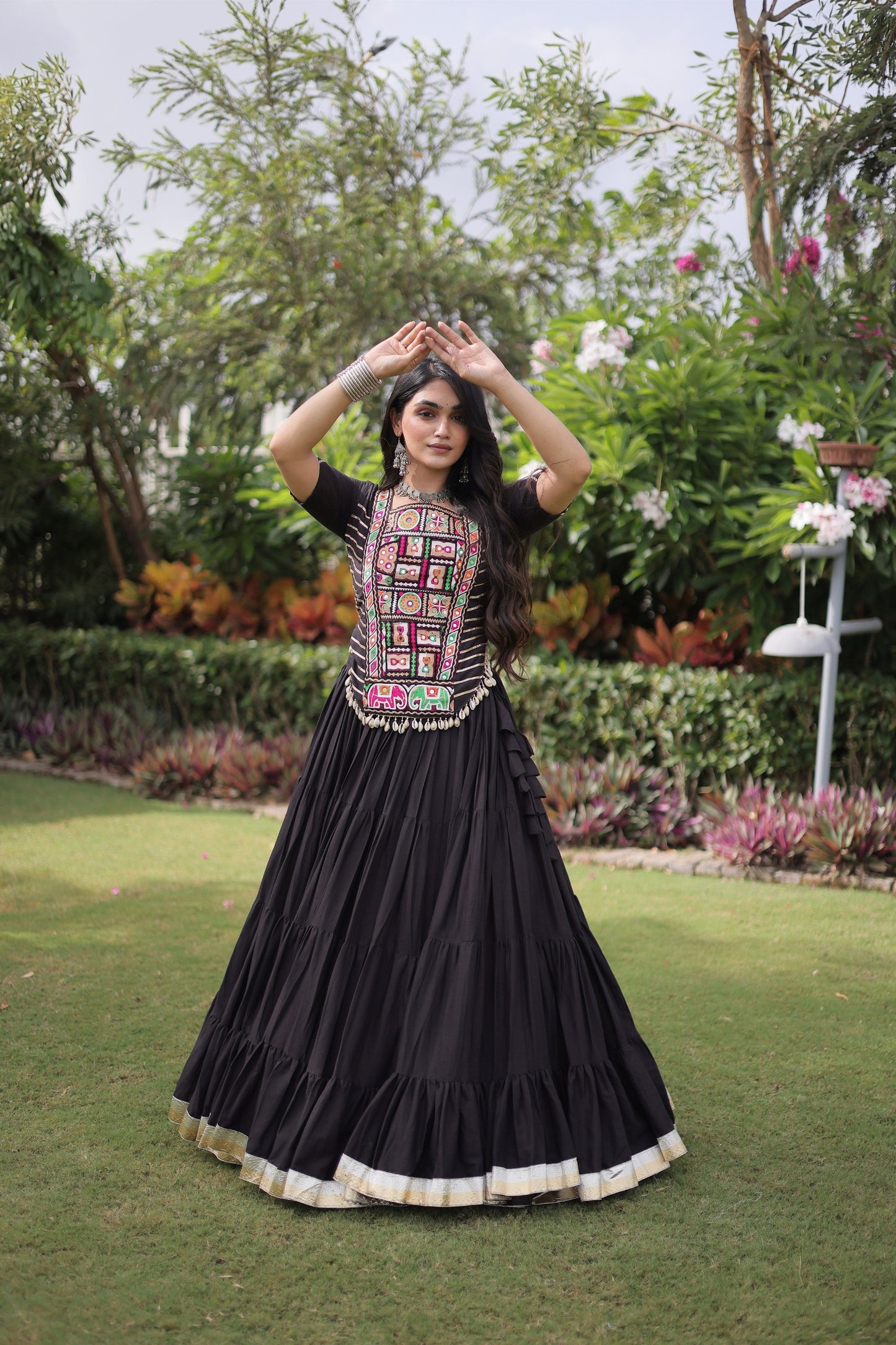 Elegant Black Cotton Designer Lehenga Choli with Kutchi Patch Work for Navratri