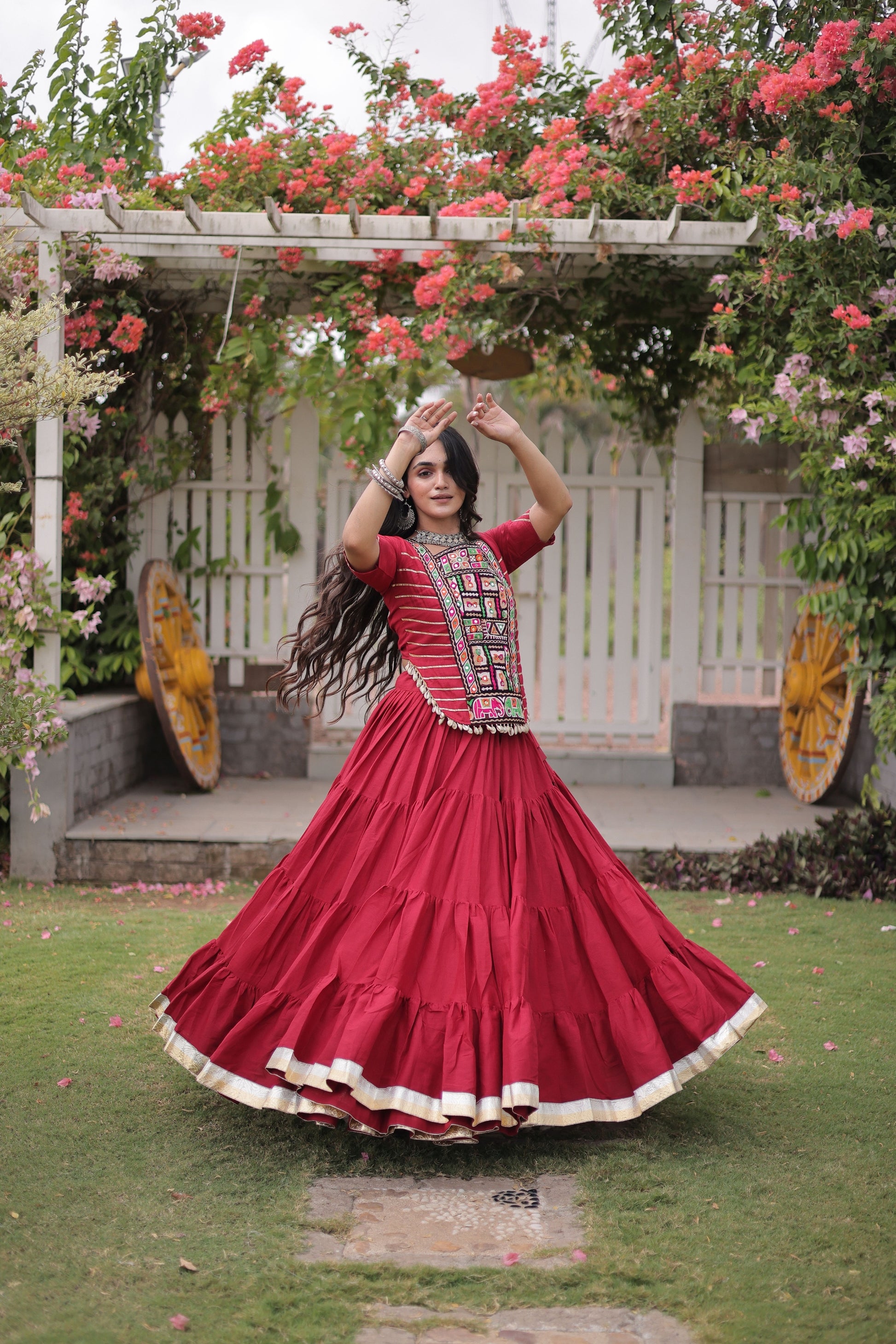 Stunning Rani Pink Cotton Designer Lehenga Choli with Kutchi Patch Work for Navratri