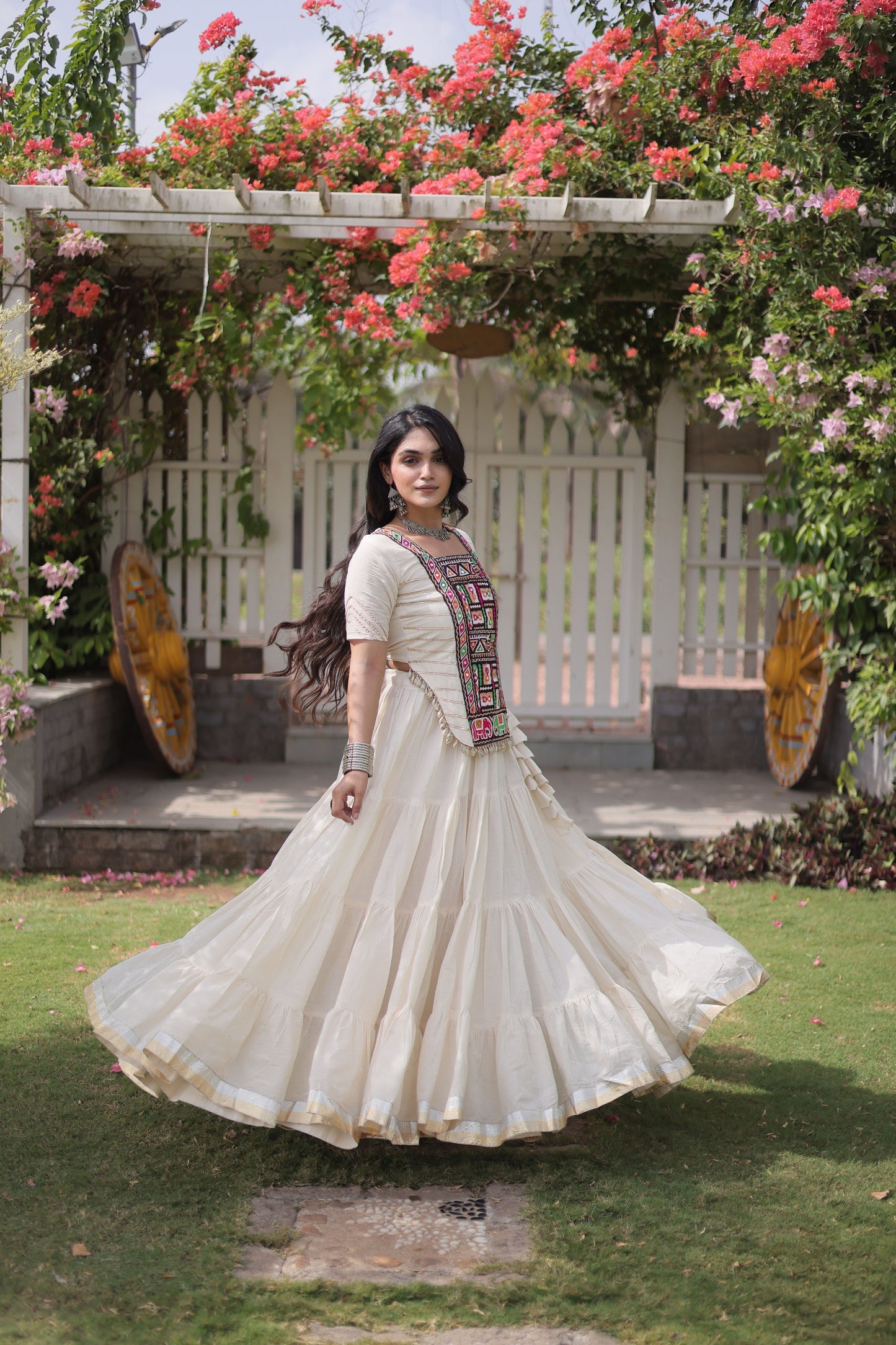 Awesome Off White Cotton Designer Lehenga Choli with Kutchi Patch Work for Navratri