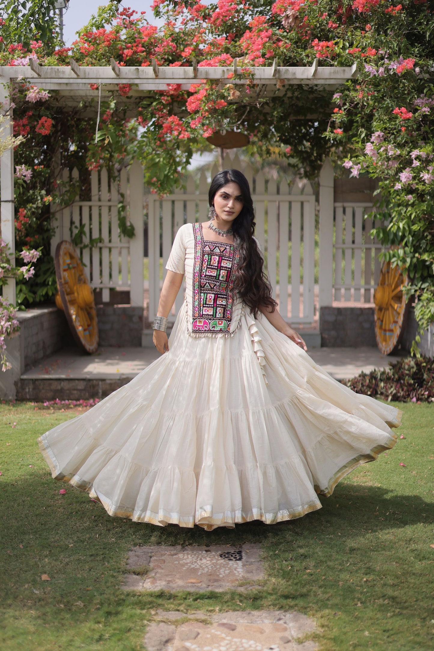 Awesome Off White Cotton Designer Lehenga Choli with Kutchi Patch Work for Navratri