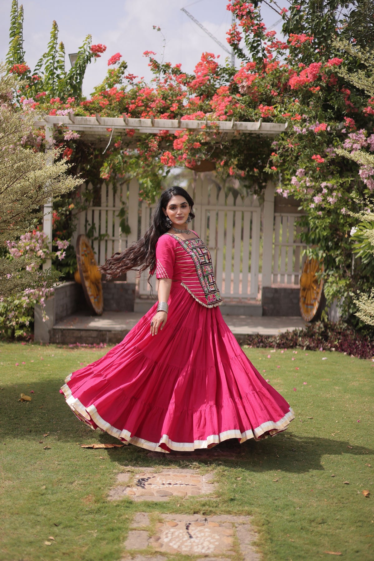 Gorgeous Rani Pink Cotton Designer Lehenga Choli with Kutchi Patch Work for Navratri