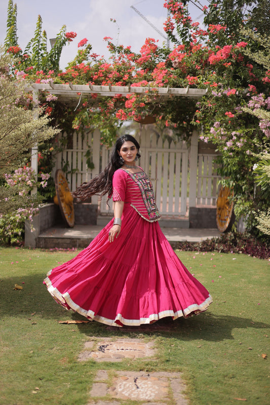 Gorgeous Rani Pink Cotton Designer Lehenga Choli with Kutchi Patch Work for Navratri