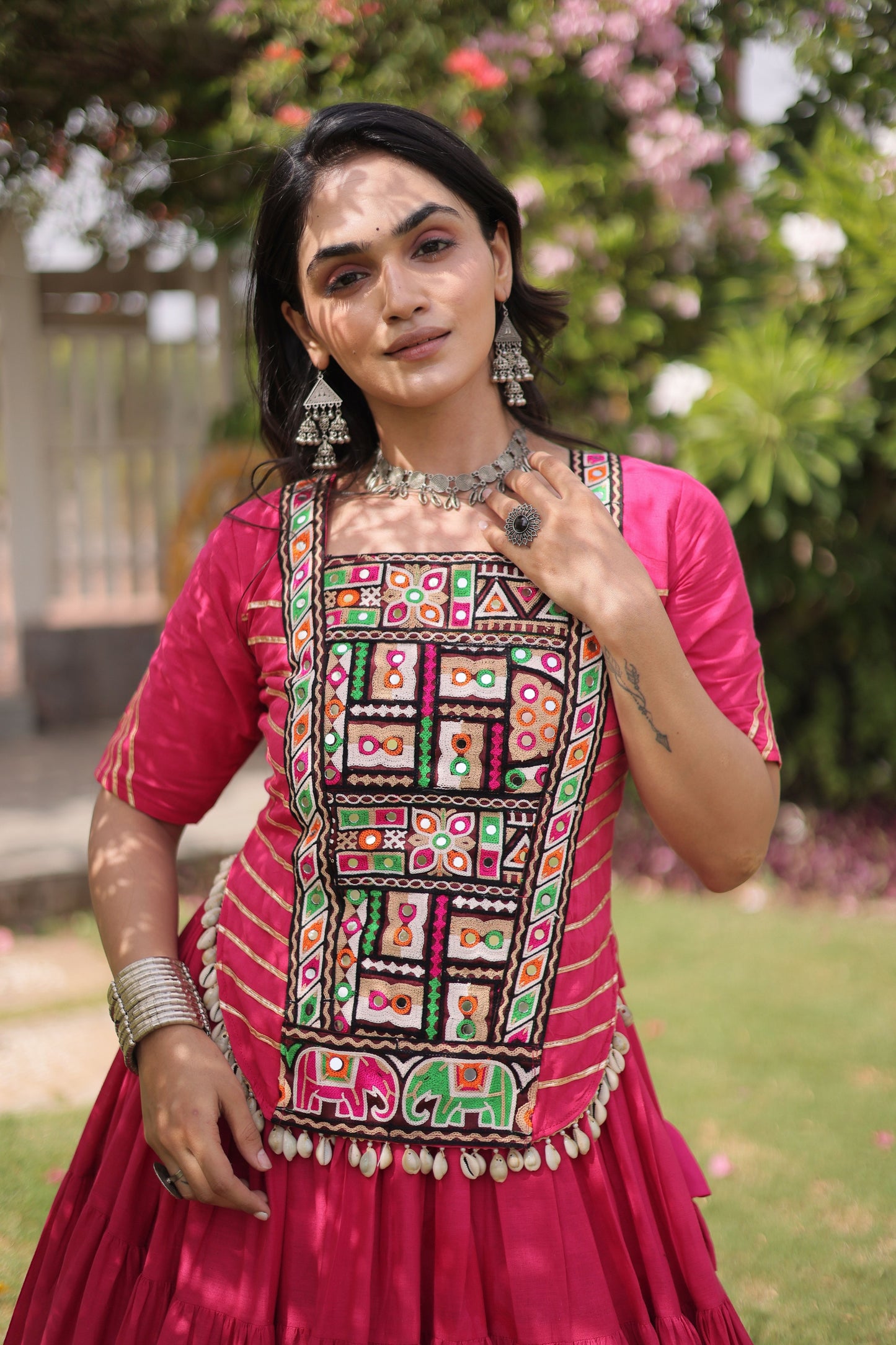 Gorgeous Rani Pink Cotton Designer Lehenga Choli with Kutchi Patch Work for Navratri