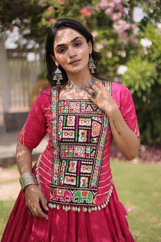 Gorgeous Rani Pink Cotton Designer Lehenga Choli with Kutchi Patch Work for Navratri