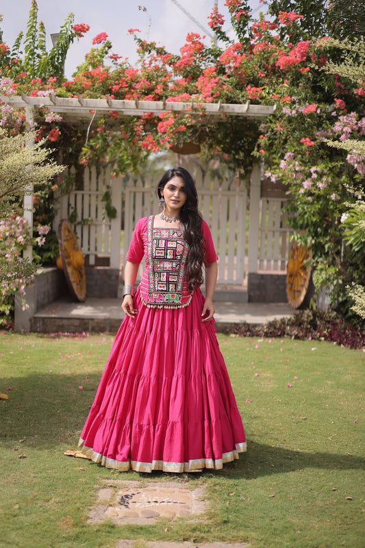Gorgeous Rani Pink Cotton Designer Lehenga Choli with Kutchi Patch Work for Navratri